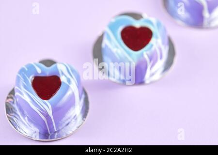 Heart shaped violet mousse cake, top view Stock Photo