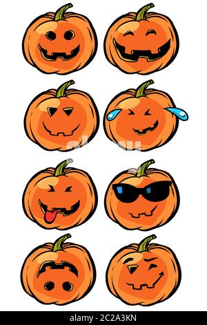 Smile funny joke Emoji Halloween pumpkin set collection. comic cartoon pop art retro vector illustration drawing Stock Photo