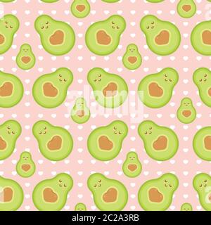 Pattern with avocado, texture with hearts, Seamless pattern on a pink background with white hearts. Stock Vector