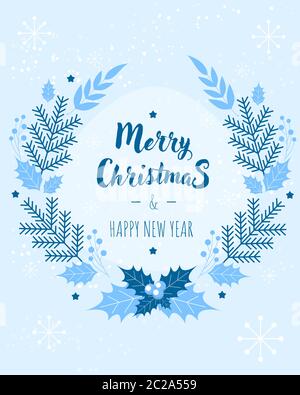 Christmas wreath with blue fir branches and holly.  Stock Vector