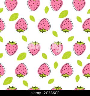 Strawberry seamless vector pattern. Pink strawberries and green leaves with black doodle stroke on white background Stock Vector