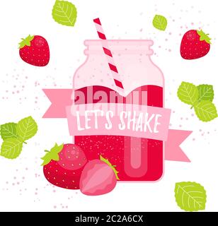 Milk shake vector flat illustration. Cartoon glass and straw with pink strawberry milkshake Stock Vector