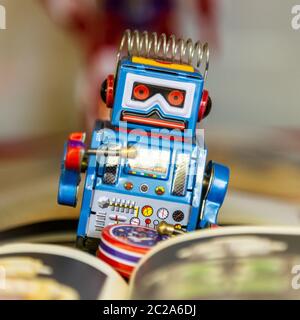 Istanbul, Turkey, 23 March 2019: Vintage tinplate old toy robot. Rahmi M. Koc Industrial Museum Stock Photo