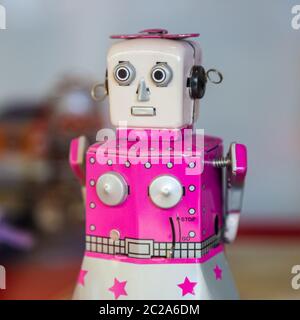 Istanbul, Turkey, 23 March 2019: Vintage tinplate old toy female robot. Rahmi M. Koc Industrial Museum Stock Photo