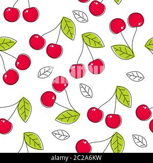 Cherry seamless vector pattern. Red Cherries and line leaves with black doodle stroke on white background Stock Vector