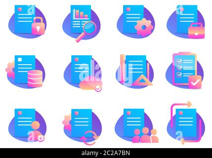Blue Set of Document Related Color Vector Flat Icons. Analytical business documents with arrows. Web Cloud information. Stock Vector