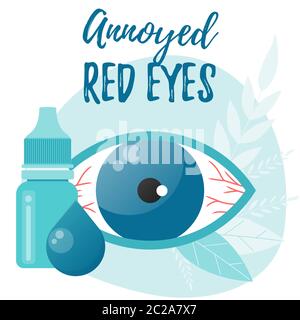 Annoyed red eyes. Eye drops bottle. Eyedropper. Stock Vector