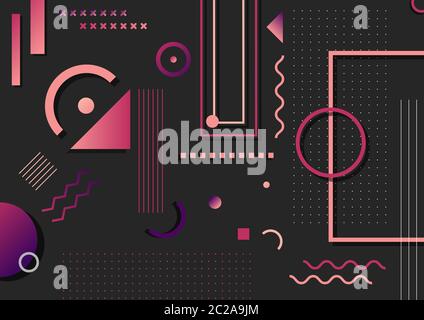 Abstract trendy pink and purple geometric shape elements pattern on black background. You can use for poster, artwork, template design, brochure. Vect Stock Vector