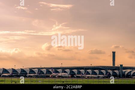 BANGKOK, THAILAND-JUNE 2, 2020 : Thai Airways airplane parked at apron in Suvarnabhumi airport. Modern passenger terminal of the airport and air Stock Photo