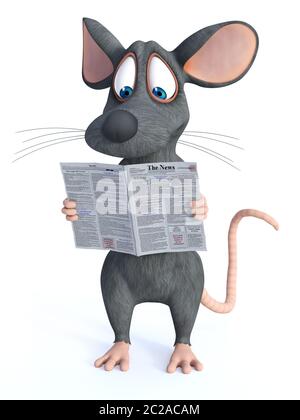 3D rendering of a cute cartoon mouse standing and holding a newpaper in his hand while reading the news. White background. Stock Photo