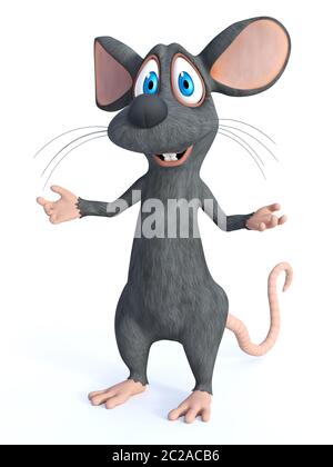 3D rendering of a cute smiling cartoon mouse standing with his arms outstretched in a welcoming pose like he is greeting you. White background. Stock Photo