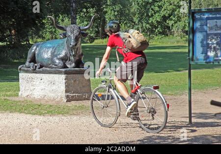 Berlin, Germany. 17th June, 2020. A bike guide passes a restored animal sculpture at Floraplatz in the Tiergarten, which was put up again here. At the request of Kaiser Wilhelm II, the life-size animal sculptures were placed concentrically around the centre of the square. However, the original bronze figures had been created by the sculptor Rudolf Siemering (1835 - 1905) for the George Washington Monument in Philadelphia/USA. Credit: Wolfgang Kumm/dpa/Alamy Live News Stock Photo