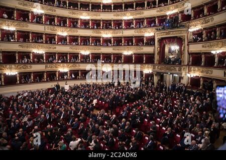 Interior panoramic view of La Scala opera theatre, in Milan Stock Photo