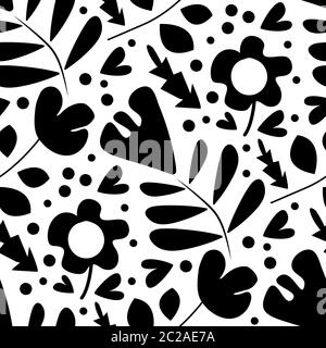 Wild meadow flowers seamless vector pattern background. Botanical florals black and white backdrop. Folk country style millefleurs design. Modern all Stock Vector