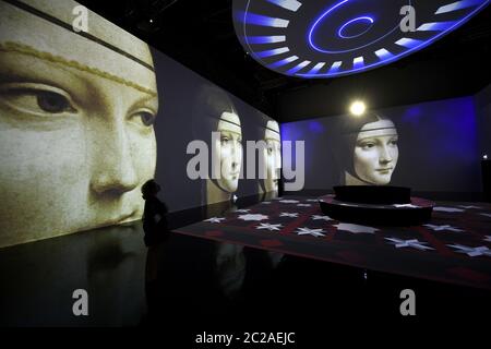 Leonardo 3D exhibition TO celebrate the 500th anniversary of the death of the hisrorical Italian artist and scientist, Leonardo da Vinci. Stock Photo