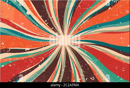 Abstract retro dirty grunge vintage starburst. Vintage sunburst wallpaper. Swirl light rays. Old paper. Texture stripes red brown orange and turquoise Stock Vector