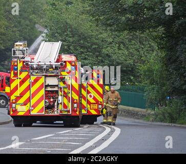 fire engines in the road at the former walkeys clogs mill in hebden bridge Stock Photo