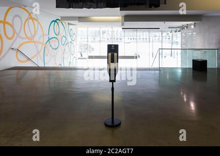 Sydney, Australia.Wednesday17th June 2020. The Museum of Contemporary Art Reopens as Covid-19 restrictions ease. Presentation of the 22nd Biennale of Sydney- NIRIN. A Hygene Station at entrance. Credit Paul Lovelace/Alamy Live News Stock Photo