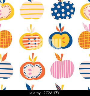 Apples seamless vector pattern. Cute abstract apple illustration background. Fruits in blue, pink, orange, yellow Scandinavian style. Use for kids Stock Vector