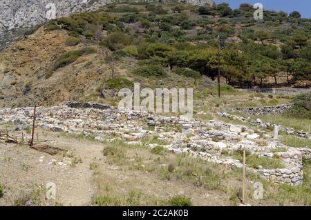 Now only the lowest part of the church and the floor of the 6th Century church of Aghia Triadha remain, Telendos Island, Kalymnos, Dodecanese islands, Stock Photo