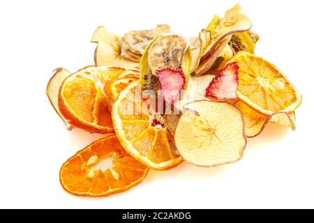 dried oranges,bananas and apples on white isolated background Stock Photo