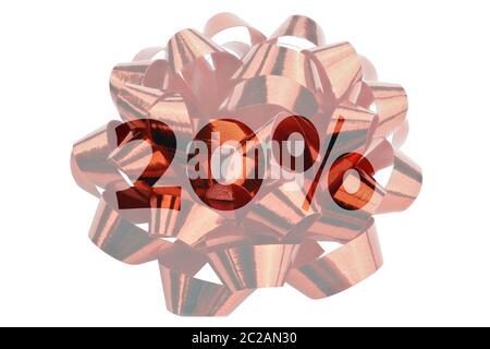 Symbol for 20 percent save with text 20% highlighted in front of red gift ribbon Stock Photo