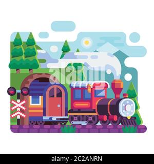 Old Retro Locomotive with Wagon on Mountains Stock Vector