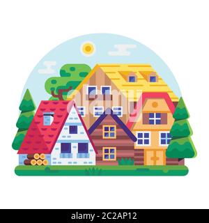Eco Friendly District with Wooden Houses Stock Vector