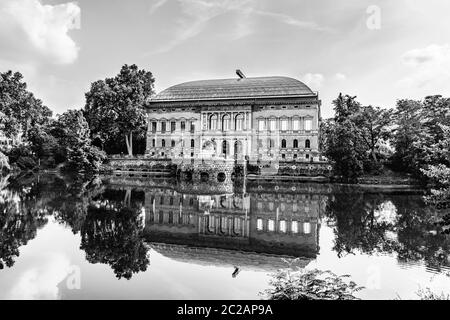 Dusseldorf, North Rhine Westphalia, Germany: The K21 Standehaus art museum by the lake with water reflections in black and white Stock Photo