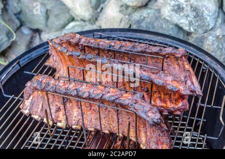 Grilled pork ribs on the rack Stock Photo