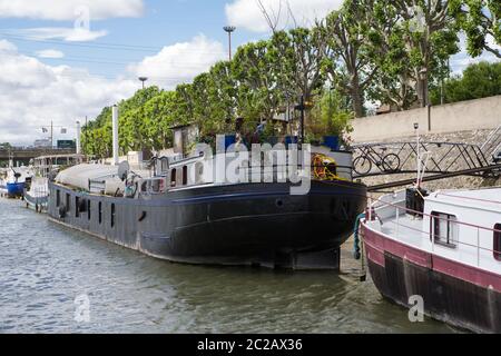 Barges moored on Seine, Paris Stock Photo