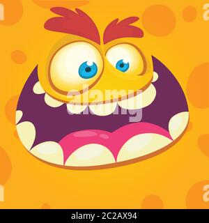 Cartoon monster face. Vector Halloween orange happy monster square avatar. Design for t-shirt, sticker, print or party invitation Stock Vector