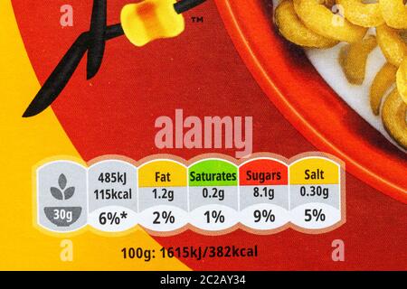 nutritional information traffic light system labelling with colour coded system on packet of Kelloggs Honey Loops, Honey Bsss Loops cereals Stock Photo