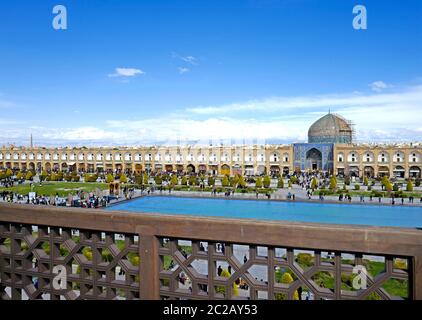 Panoramic view of Naqsh-e Jahan Square, with its fountain garden.Palace, in Esfahan, Iran Stock Photo