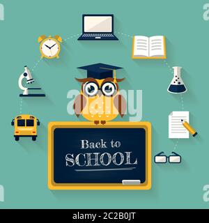 Back to school. Vector concept with owl and education icons. Flat design. Stock Vector