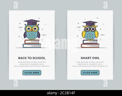 Mobile app onboarding screen templates for education and school application. Modern user interface in line style. UI concept with owls sitting on book Stock Vector