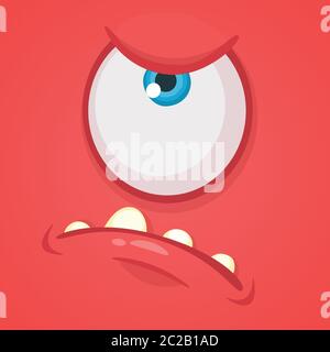 Cartoon angry monster face. Vector Halloween red monster with one eye Stock Vector
