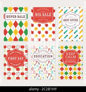Back to school banners. Colorful templates for sale labels, education flyer and holiday cards. Vector set. Stock Vector