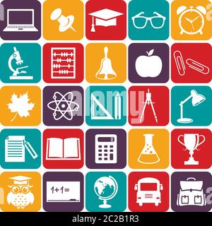 Back to school. Collection of education and science icons. White symbols on colorful plates. Vector illustration. Stock Vector