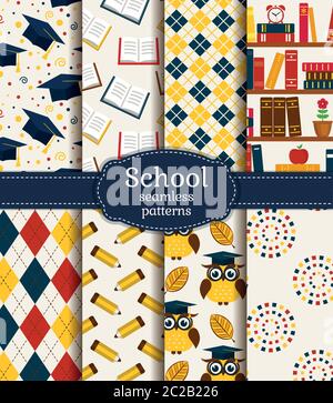 Back to school. Colorful school and graduation seamless backgrounds. Vector collection. Stock Vector