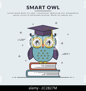 Education banner with smart owl sitting on books. Back to school, graduation or learning themes. Vector illustration. Flat line design. Stock Vector