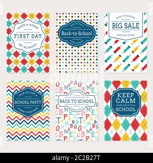 Back to school banners. Colorful templates for sale labels, school party invitations and holiday cards. Vector set. Stock Vector