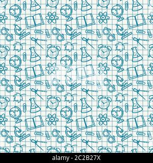 Back to school. Education seamless patterns with outline school symbols in exercise book. Vector background. Stock Vector