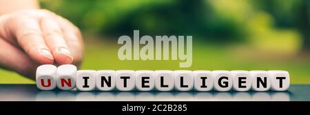 Hand turns dice and changes the expression "unintelligent" to "intelligent". Stock Photo