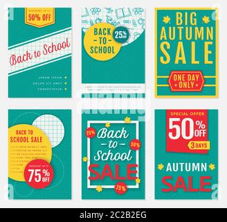 Back to school and autumn discount banners. Templates of advertising flyers for the seasonal sales. Vector set. Stock Vector