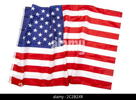 Isolated natural fabric crumpled USA flag, rag American flag top view as texture or background, high resolution picture Stock Photo