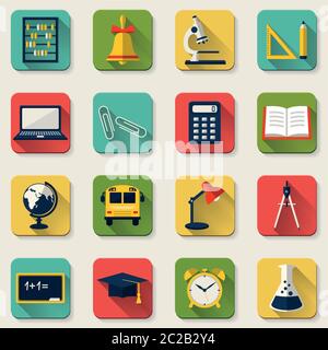 Back to school. Flat colored icons with long shadows. Collection of design elements. Vector illustration. Stock Vector