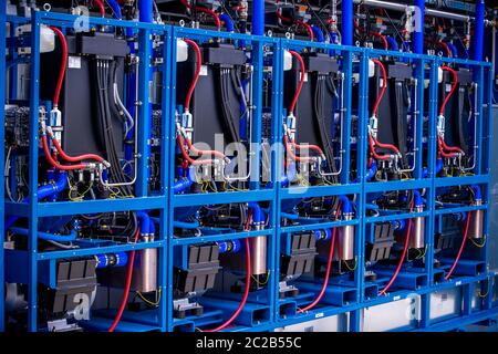 Laage, Germany. 12th June, 2020. The fuel cell in Europe's largest grid-connected hydrogen power plant in the company Apex Energy, according to the company. Starting this fall, Apex will supply green energy for industry and commerce, housing companies, public transportation, or for the temporary storage of control energy. In this way, up to 300 tons of hydrogen can be produced annually from exclusively renewable energy sources. Credit: Jens Büttner/dpa-Zentralbild/ZB/dpa/Alamy Live News Stock Photo