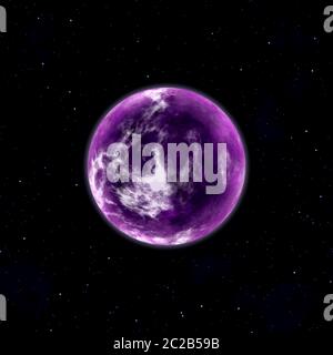 purple planet in space with stars Stock Photo