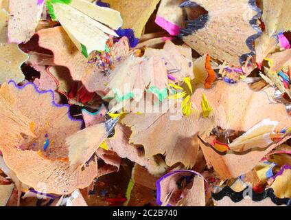 Wood shavings of many pencils after sharpening them with a sharpener Stock Photo